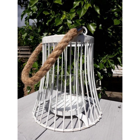 Lampion Metalowy, Biały, z Jutowym Uchwytem, Skandynawski Styl
